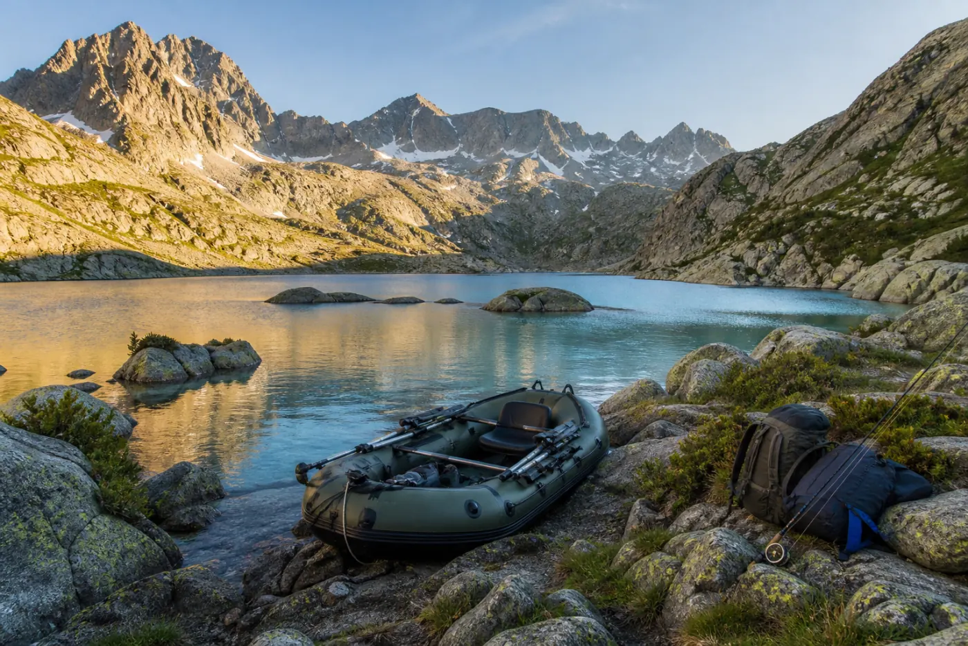 Kleines Schlauchboot am Felsufer eines Alpensees bei einer Expedition ab München