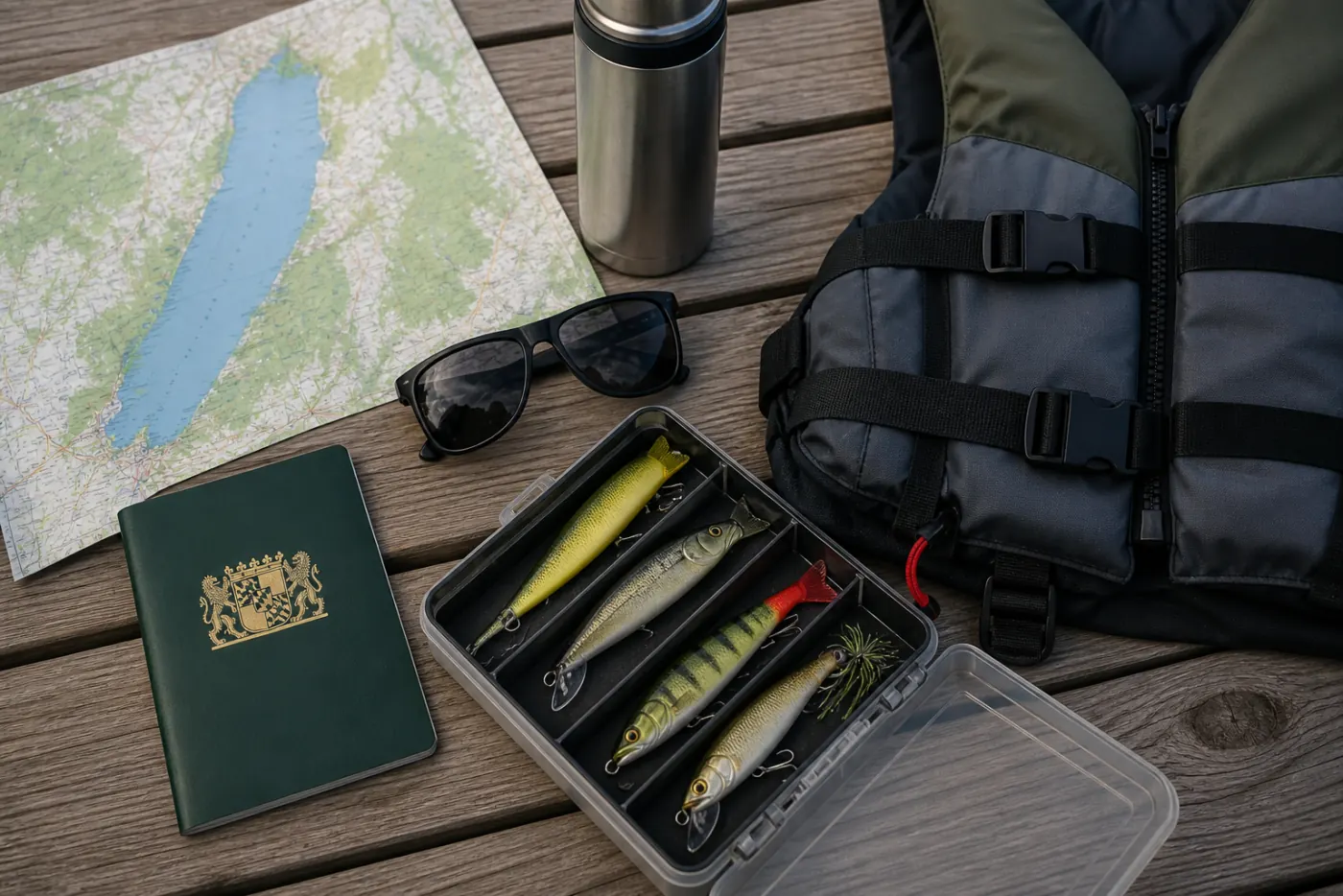 Packliste mit Angelkarten Köderbox und Schwimmweste am Steg in München
