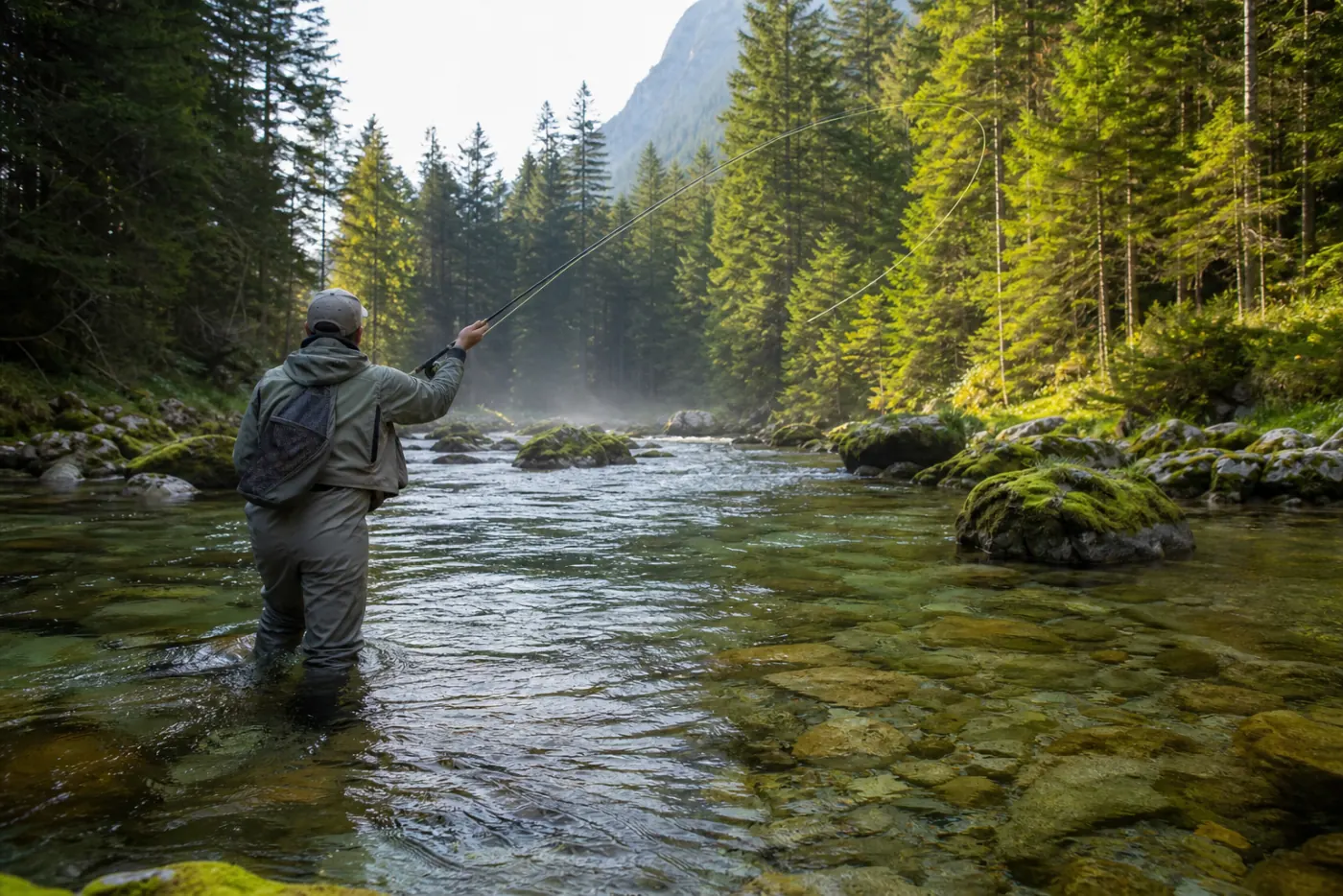 Fliegenfischer in Wathose wirft an einem klaren Alpenbach südlich von München