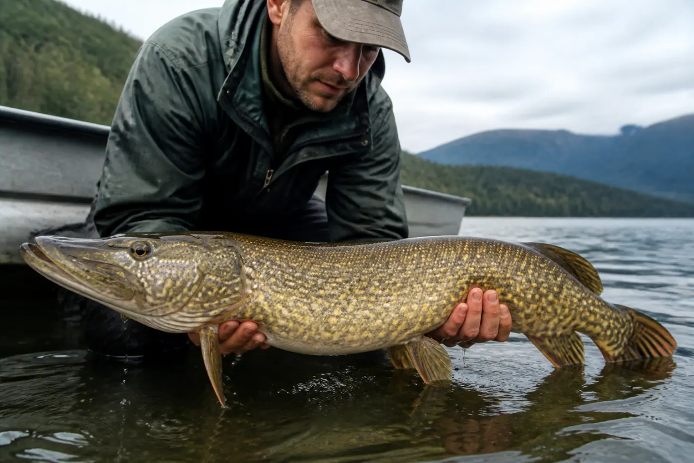 Guide hält einen Hecht beim Raubfisch-Guiding auf einem See vor München